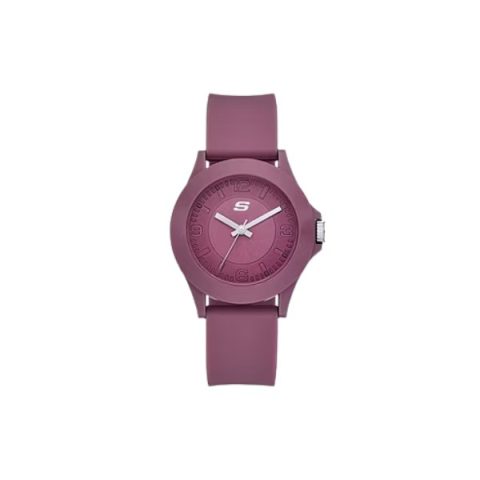Reloj Skechers SR6346 con caja y correa ciruela de un solo color, con números en relieve, visto de frente