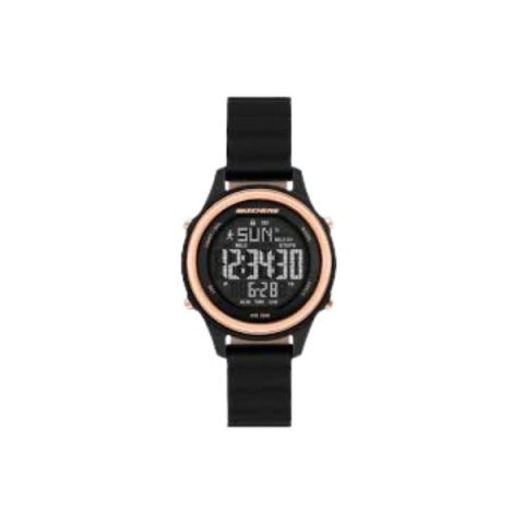 Reloj Skechers SR6347 con podómetro en la esfera digital, caja negra con aro en oro rosado, visto de frente
