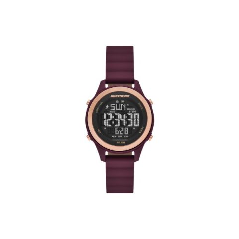 Reloj Skechers SR6348 con podómetro en la esfera digital, caja ciruela con aro en oro rosado, visto de frente