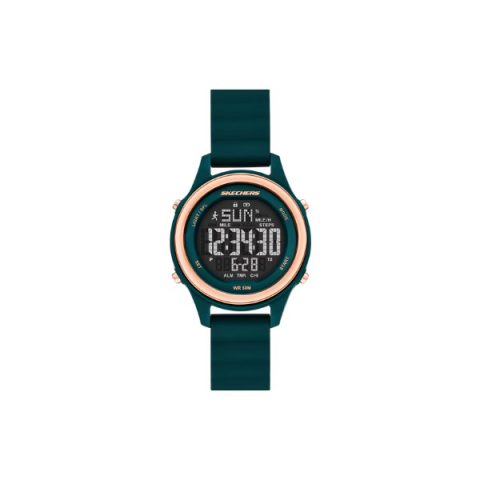 Reloj Skechers SR6349 con podómetro en la esfera digital, caja verde azulada con aro en oro rosado, visto de frente