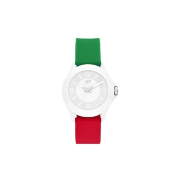 Reloj Skechers SR6363 con caja blanca y correa bicolor verde y roja, visto de frente