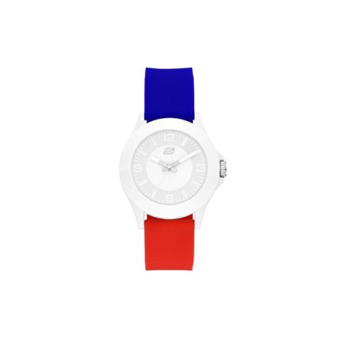 Reloj Skechers SR6365 con caja blanca y correa bicolor azul y roja, visto de frente