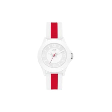 Reloj Skechers SR6366 con caja blanca y correa blanca con franja roja al centro, visto de frente