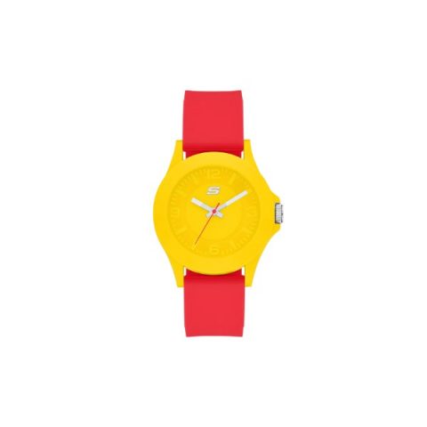 Reloj Skechers SR6370 con caja amarilla y correa roja, visto de frente