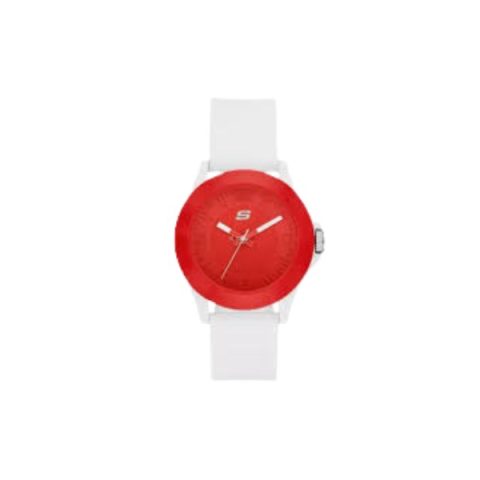 Reloj Skechers SR6374 con caja roja y correa blanca, visto de frente