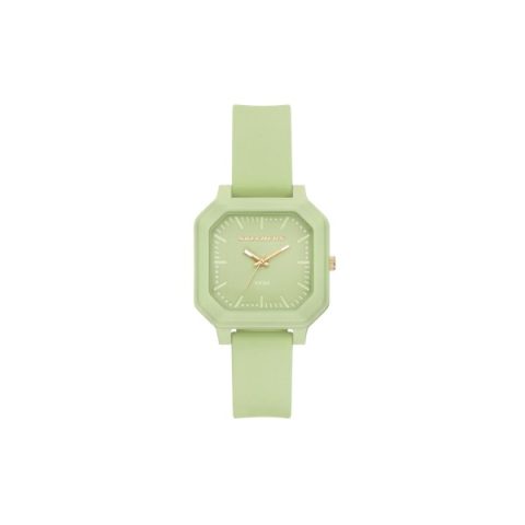 Reloj Skechers SR6379 con caja octogonal verde salvia con agujas en oro rosado, visto de frente
