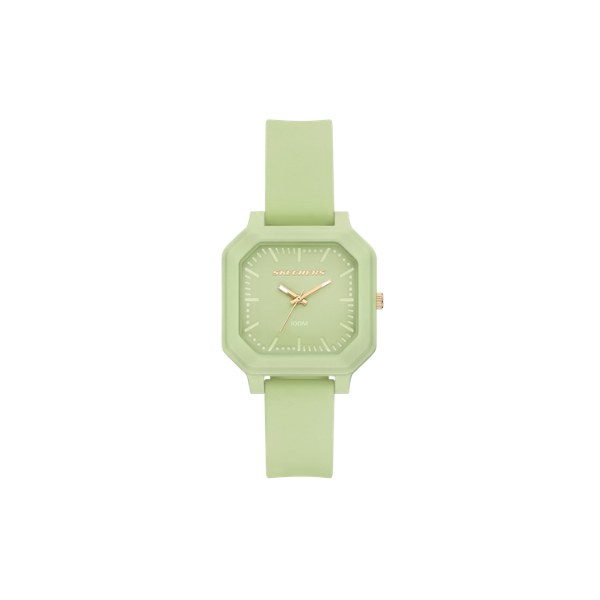 Reloj Skechers SR6379 con caja octogonal verde salvia con agujas en oro rosado, visto de frente