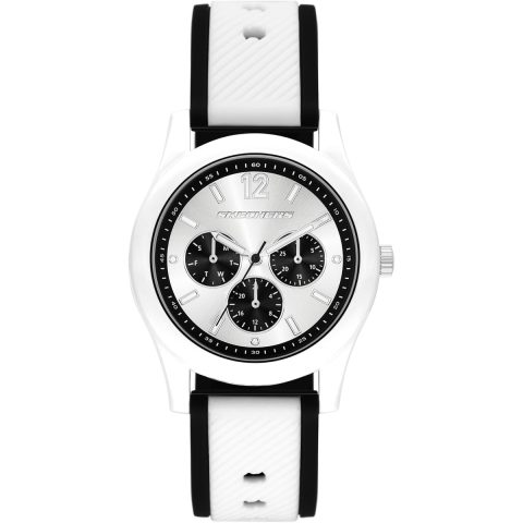 Reloj Skechers Brooklake SR6384 blanco con esfera plateada de tres subesferas, visto de frente