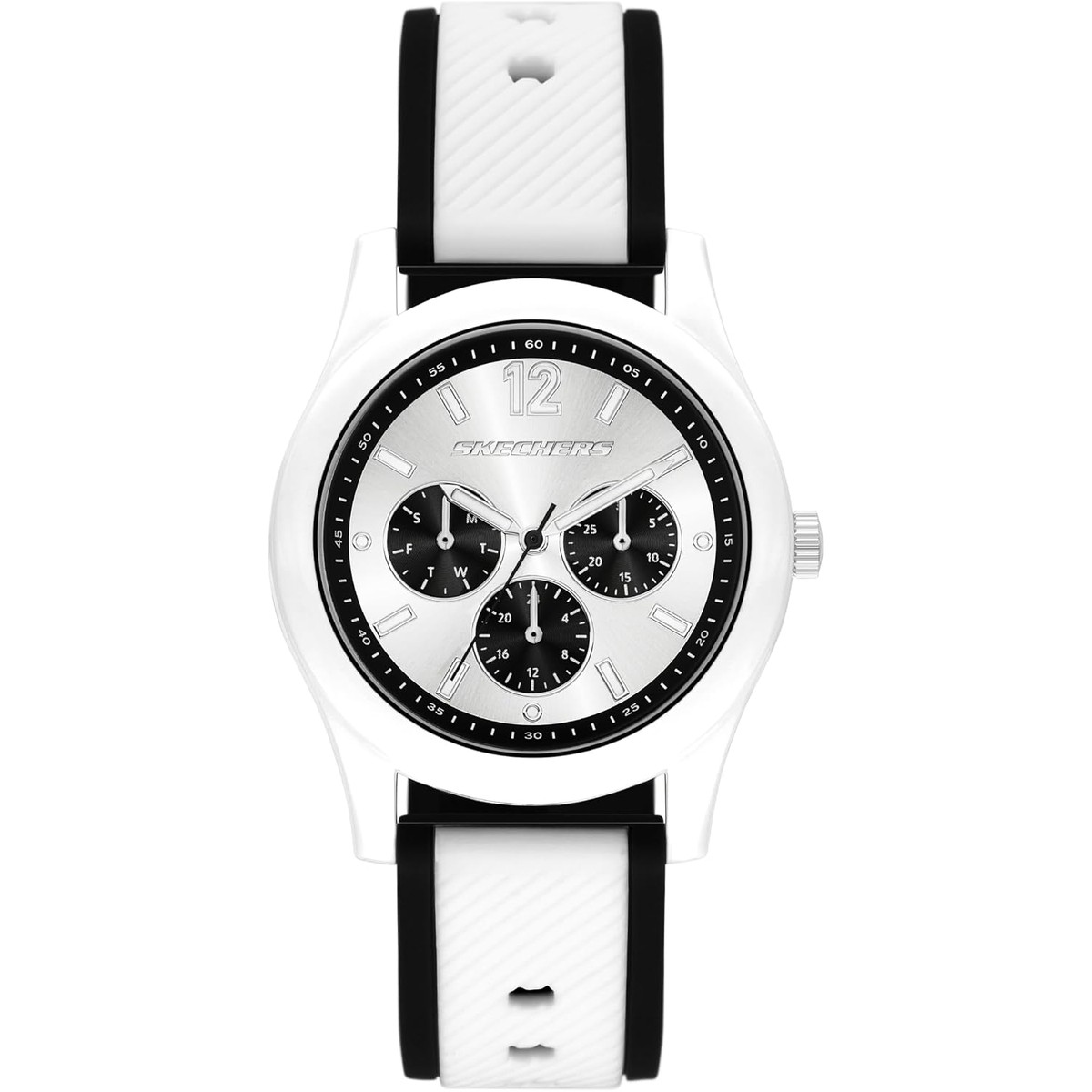 Reloj Skechers Brooklake SR6384 blanco con esfera plateada de tres subesferas, visto de frente