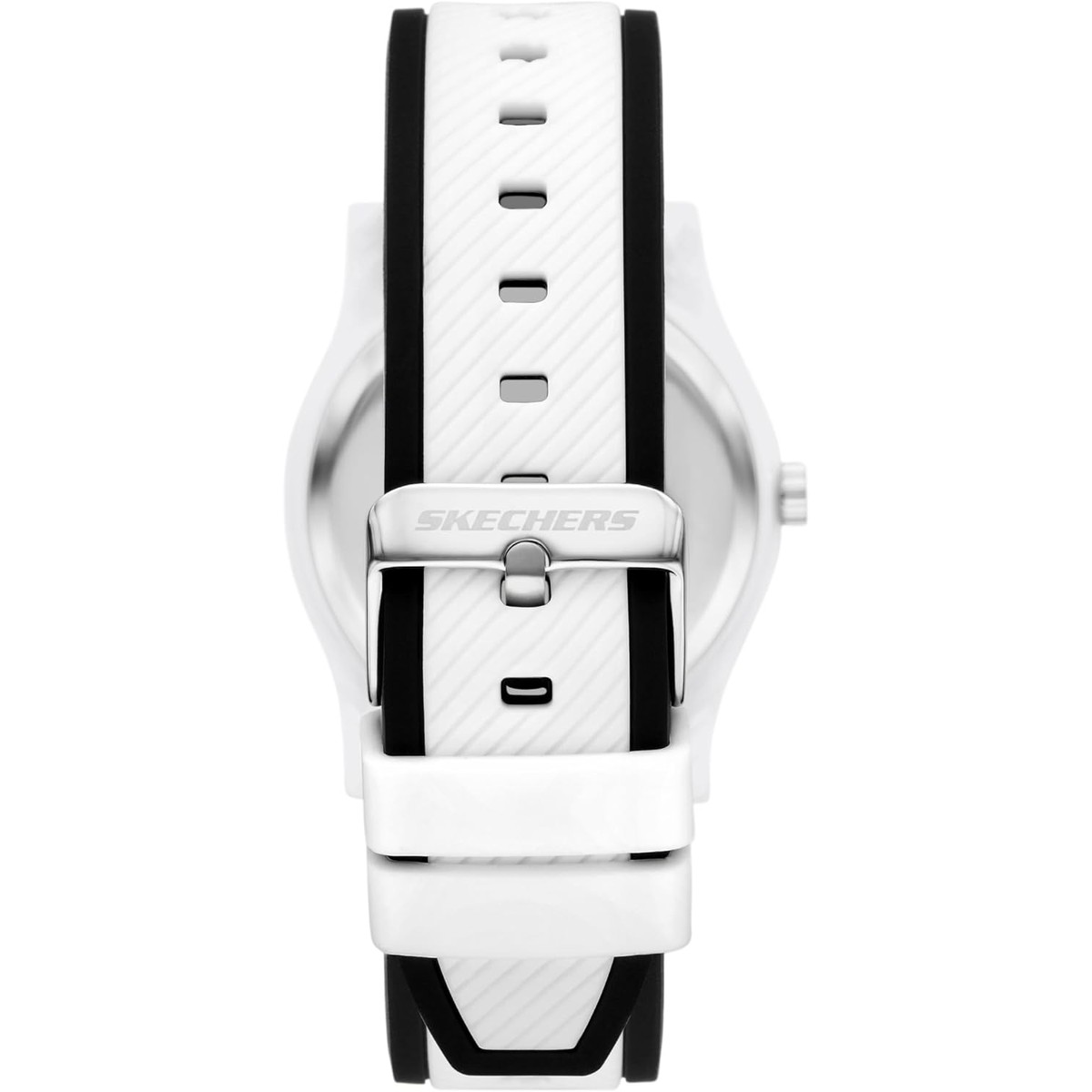 Reloj Skechers Brooklake SR6384 blanco con esfera plateada de tres subesferas, visto por detrás