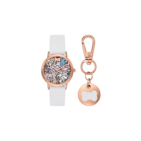 Set Skechers SR8005: reloj en oro rosado con esfera de perritos y correa blanca, más un llavero con placa de huesito, visto de frente