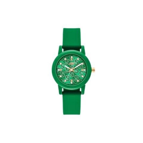 Reloj Skechers SR8103 con esfera verde con el monograma S repetido y correa de silicona a juego, visto de frente