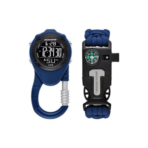 Set Skechers SR8504: reloj digital de mosquetón para colgar de la mochila, más una pulsera de paracord con brújula, visto de frente