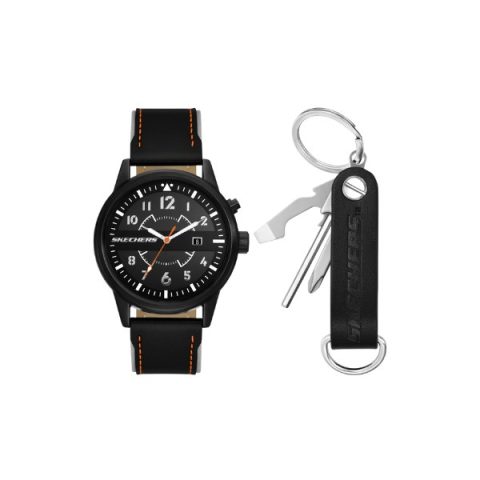 Set Skechers SR8505: reloj negro con subesfera y correa de cuero con pespunte naranja, más un llavero multiherramienta, visto de frente