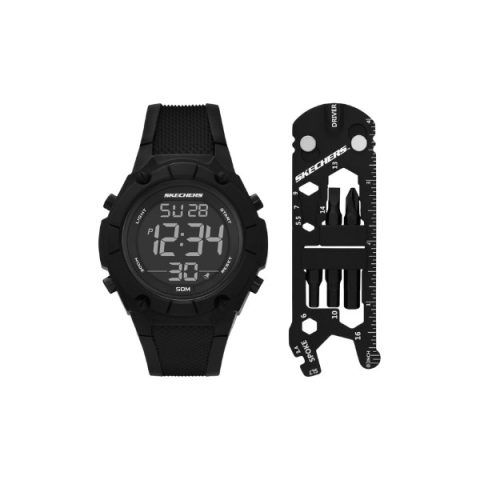 Set Skechers SR8507: reloj digital negro, más una multiherramienta plana de bolsillo, visto de frente