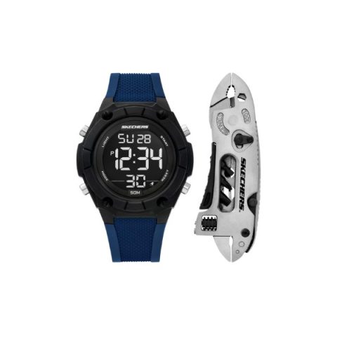 Set Skechers SR8508: reloj digital negro y azul, más una llave ajustable multiherramienta, visto de frente