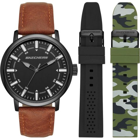 Set Skechers SR9030 con reloj de esfera negra, correa marrón y dos correas de silicona, contenido del set