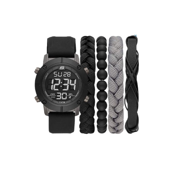 Set Skechers SR9053: reloj digital negro, más cuatro pulseras trenzadas en negro y gris, visto de frente