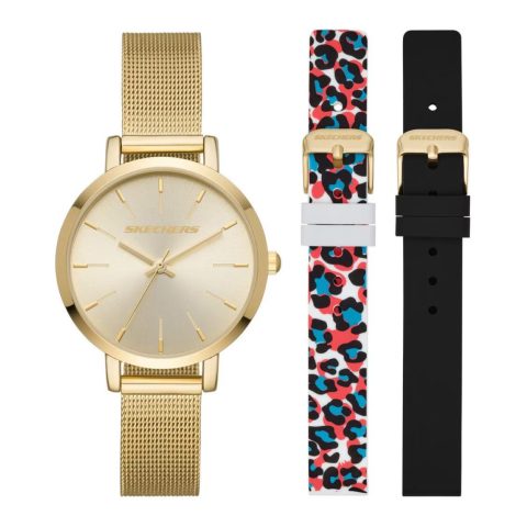 Set Skechers SR9057 para mujer: reloj dorado con malla milanesa y dos correas de silicona intercambiables, una de leopardo y una negra