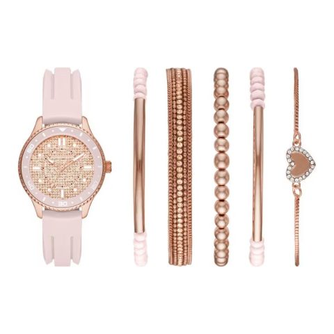 Set Skechers SR9061 para mujer: reloj de carátula oro rosado con correa de silicona rosa y cinco pulseras a juego