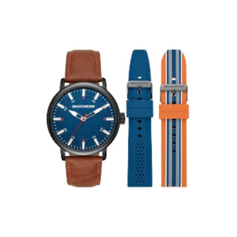 Set Skechers SR9069: reloj de esfera azul sobre correa de cuero camel, más una correa azul y otra naranja a rayas, visto de frente