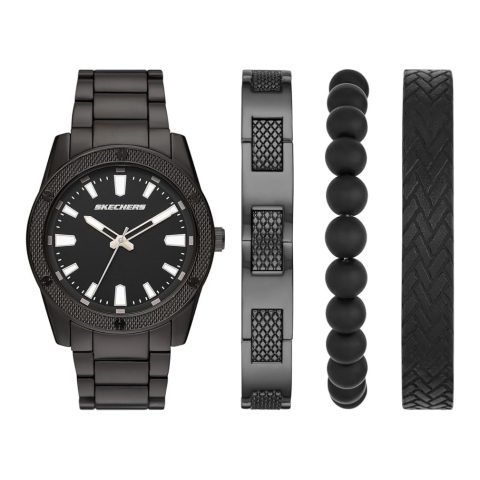 Set Skechers SR9078 con reloj gunmetal de brazalete de acero y tres pulseras, contenido del set