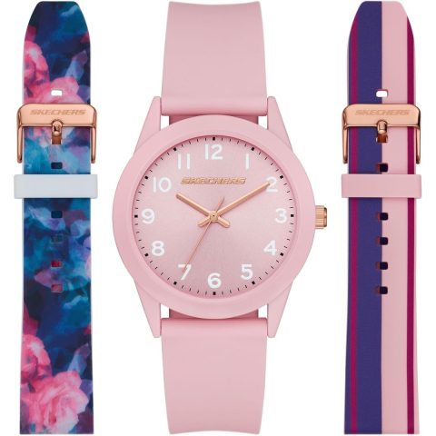 Set Skechers SR9099 con reloj rosa y dos correas de silicona, una floral y una de rayas, contenido del set