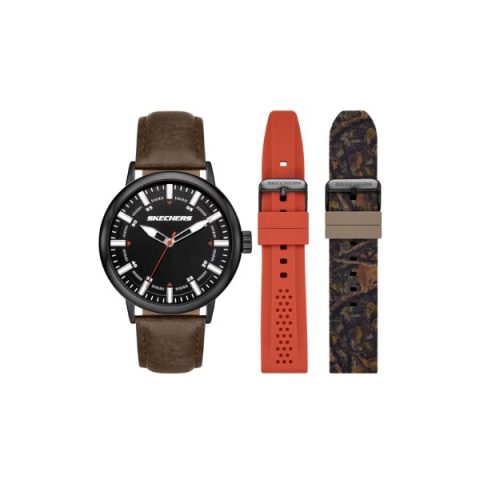Set Skechers SR9101: reloj de esfera negra sobre correa de cuero verde militar, más una correa naranja y otra camuflaje, visto de frente
