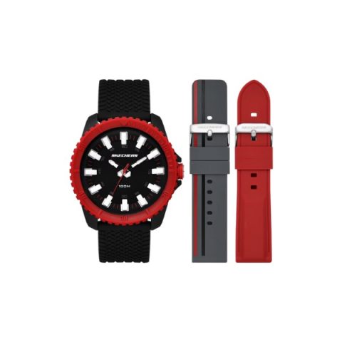 Set Skechers SR9105: reloj de bisel rojo y esfera negra, más una correa gris y otra roja, visto de frente
