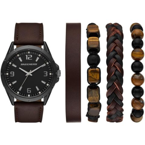 Set Skechers SR9119 con reloj de esfera negra y correa marrón y cuatro pulseras, contenido del set