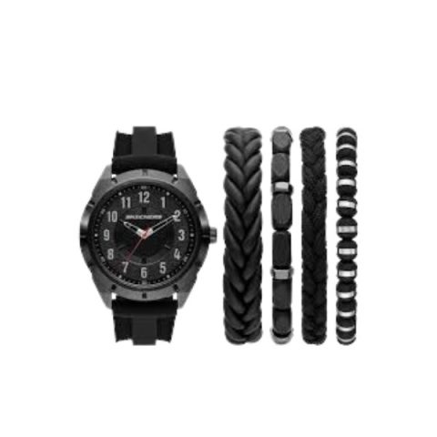 Set Skechers SR9120: reloj negro sobre correa de silicona, más cuatro pulseras trenzadas negras, visto de frente