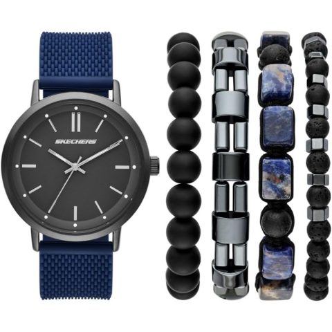 Set Skechers SR9123 con reloj de esfera gris y correa azul y cuatro pulseras, contenido del set