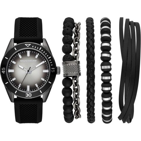 Set Skechers SR9124 con reloj negro de esfera gris y cuatro pulseras, contenido del set
