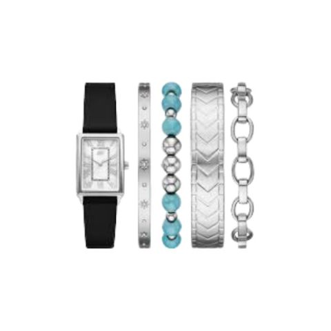 Set Skechers SR9132: reloj rectangular plateado sobre correa negra, más cuatro pulseras plateadas y turquesas, visto de frente