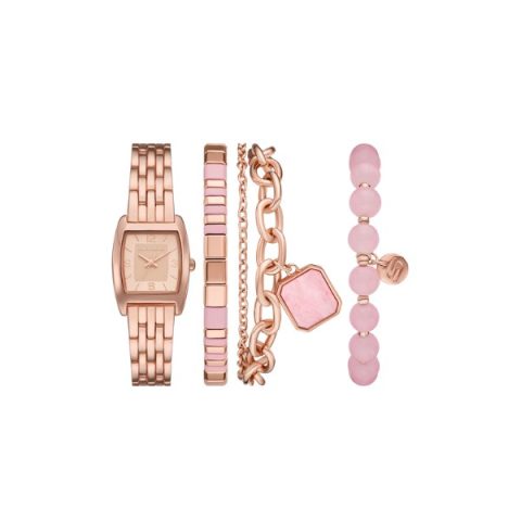 Set Skechers SR9133: reloj rectangular de brazalete en oro rosado, más cuatro pulseras rosas, visto de frente