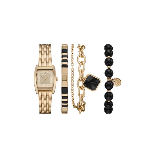 Set Skechers SR9134: reloj rectangular de brazalete dorado, más cuatro pulseras doradas y negras, visto de frente