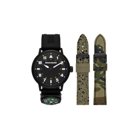 Set Skechers SR9138: reloj negro con brújula en la correa, más una correa moteada y otra de camuflaje, visto de frente