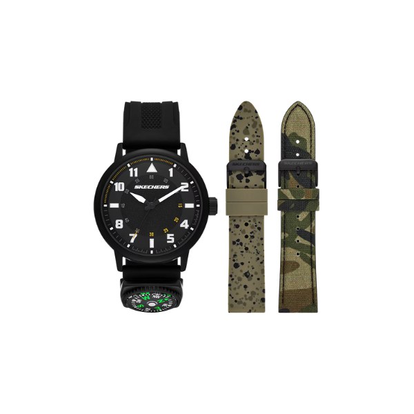 Set Skechers SR9138: reloj negro con brújula en la correa, más una correa moteada y otra de camuflaje, visto de frente