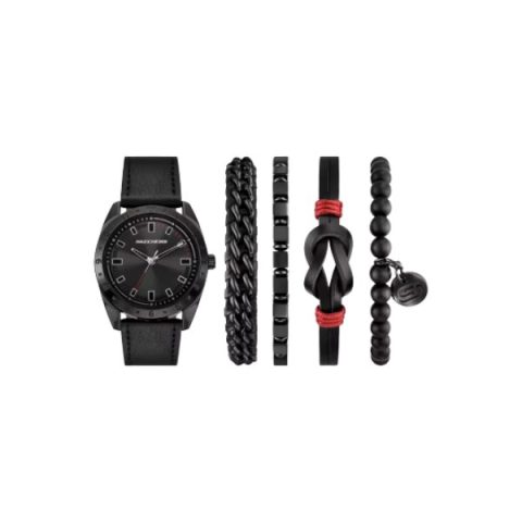 Set Skechers SR9139: reloj negro sobre correa de cuero, más cuatro pulseras negras con detalles rojos, visto de frente