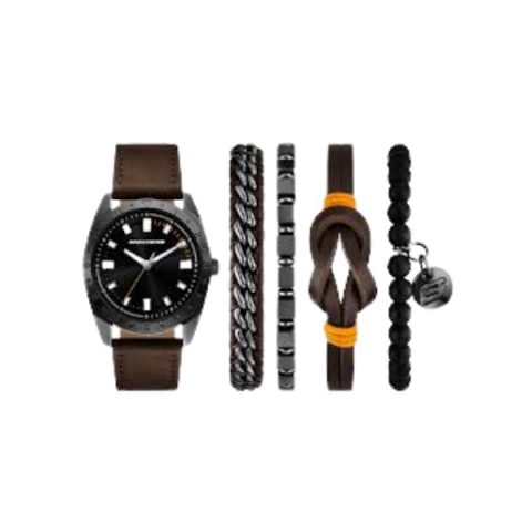 Set Skechers SR9140: reloj de esfera negra sobre correa de cuero marrón, más cuatro pulseras negras y marrones, visto de frente