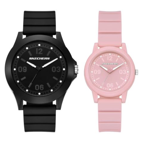Set de dos relojes Skechers SR9141, uno negro y uno rosa, con correa de silicona