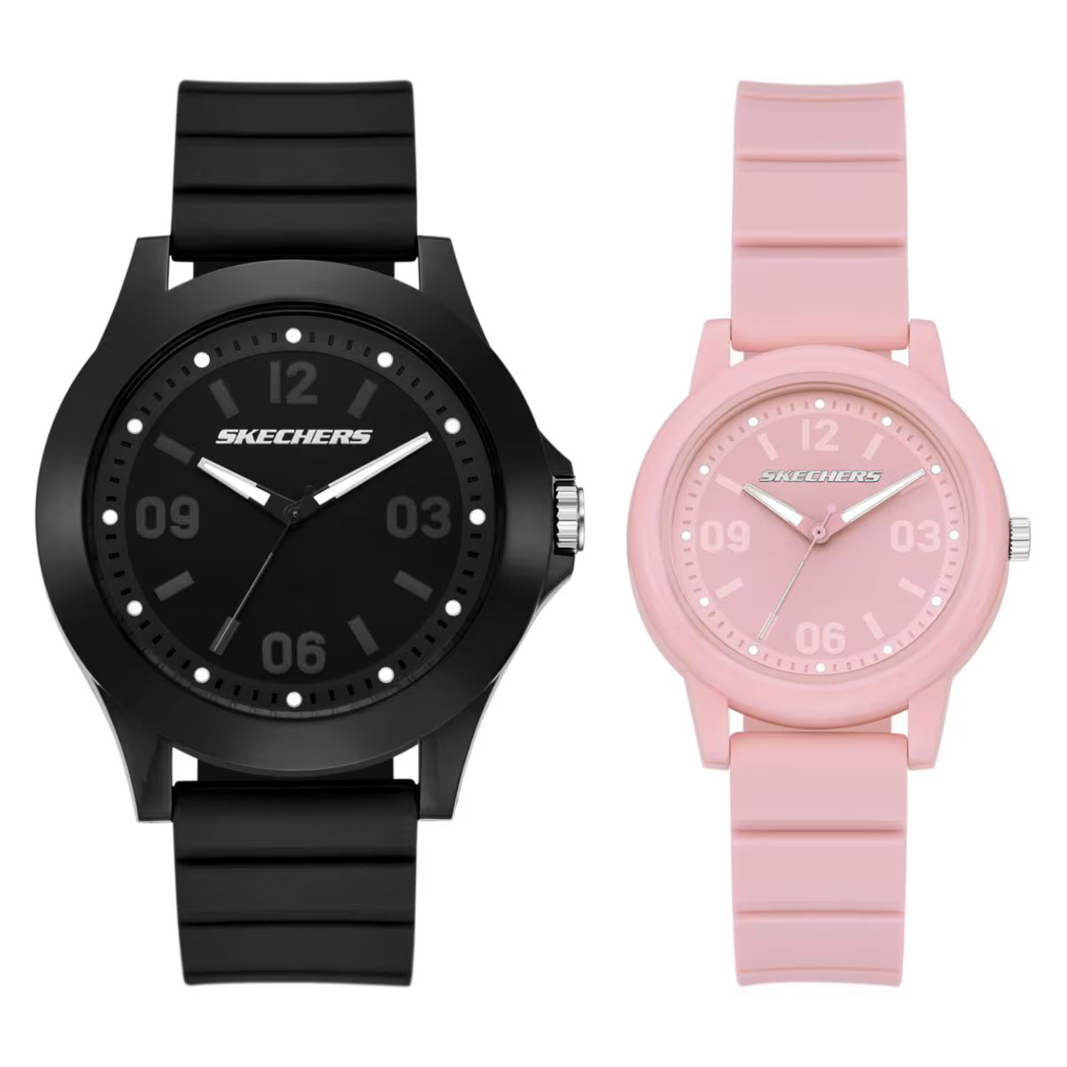 Set de dos relojes Skechers SR9141, uno negro y uno rosa, con correa de silicona