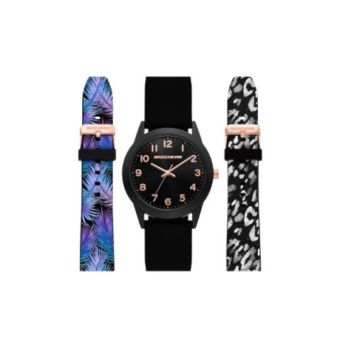 Set Skechers SR9150: reloj negro con números en oro rosado, más una correa de hojas tropicales y otra de leopardo, visto de frente