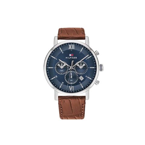 Reloj Tommy Hilfiger 1710393 con esfera azul de números romanos y tres subesferas, visto de frente