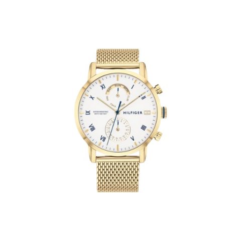 Reloj Tommy Hilfiger 1710403 con esfera blanca de números romanos azules y subesfera de día, visto de frente