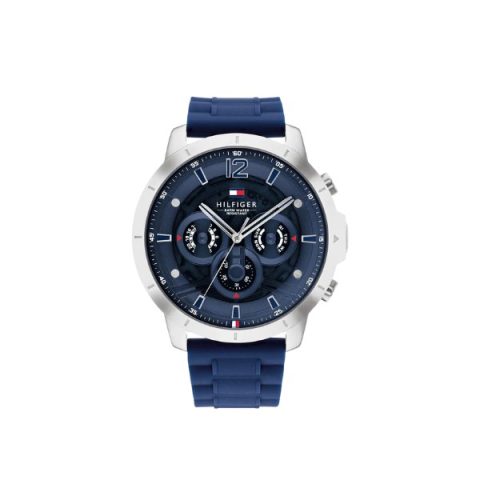 Reloj Tommy Hilfiger 1710489 con esfera azul en relieve con tres subesferas, visto de frente