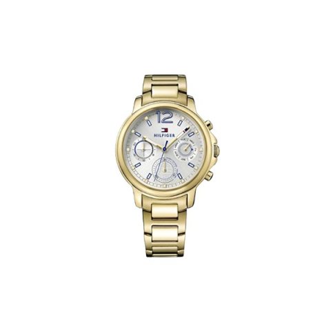 Reloj Tommy Hilfiger 1781742 con caja dorada y esfera plateada con detalles azules, visto de frente