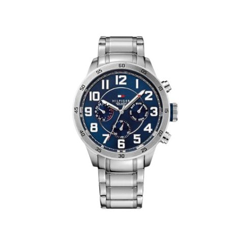 Reloj Tommy Hilfiger 1791053 con esfera azul de números árabes grandes y bisel grabado, visto de frente