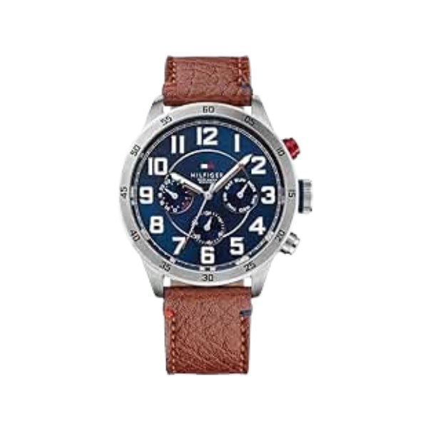 Reloj Tommy Hilfiger 1791066 con esfera azul de números árabes grandes y corona roja, visto de frente