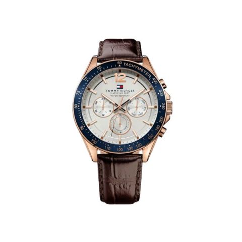Reloj Tommy Hilfiger 1791118 con caja en oro rosado, bisel taquimétrico azul y esfera plateada, visto de frente